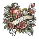 heart and roses surrounded banner wrapped round tattoo design idea