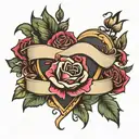 heart and roses surrounded banner wrapped round tattoo design idea