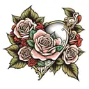 heart and roses surrounded banner wrapped round tattoo design idea