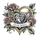 heart and roses surrounded banner wrapped round tattoo design idea