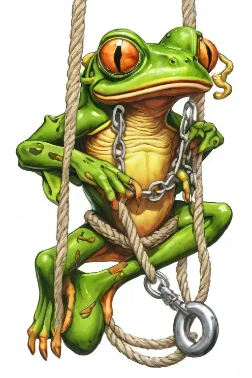 frog with carabiners and climbing rope hanging tattoo design idea