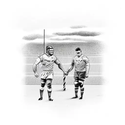 Father and son on a rugby pitch holding hands facing the rugby posts. The rugby posts have saucepans on the top. Both fa tattoo design idea