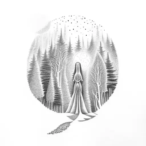 A dotwork tattoo of a moonlit forest scene, with a solitary figure standing amidst the trees, representing the transformative power of love in the face of darkness. tattoo design idea