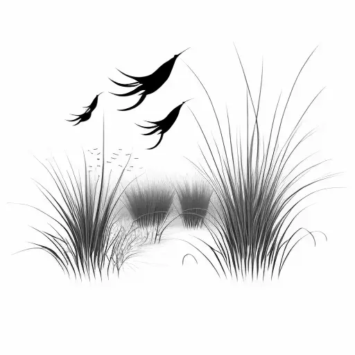 wind blowing tall grass at a creek tattoo design idea