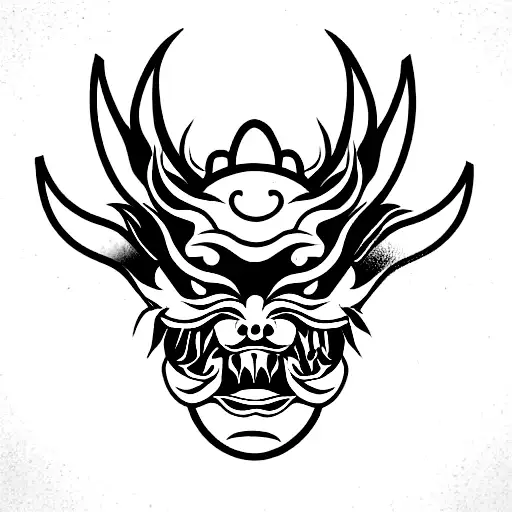 bottom half of a hannya mask with a japanese dragon wrapping around it tattoo design idea