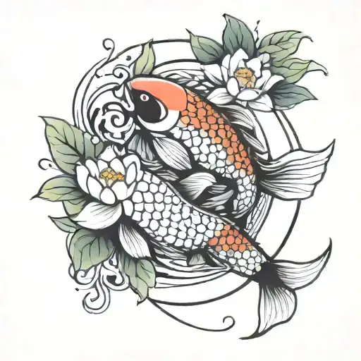 ying Yang koi with water lily flower tattoo design idea