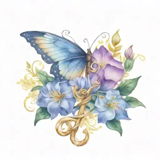 butterfly restin on an anchor intertwined with January February and October birth flowers tattoo design idea