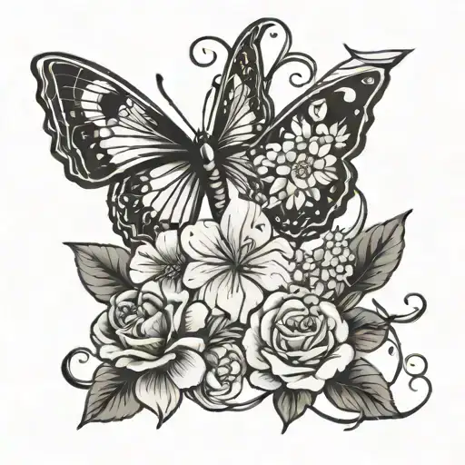 a moon a butterfly anchor intertwined with January and October birth flowers tattoo design idea