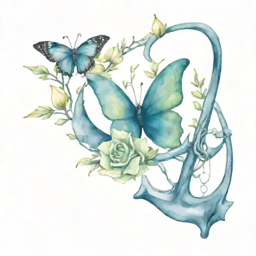 a moon a butterfly restin on an anchor intertwined with January and October birth flowers tattoo design idea