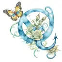 a moon a butterfly restin on an anchor intertwined with January and October birth flowers tattoo design idea