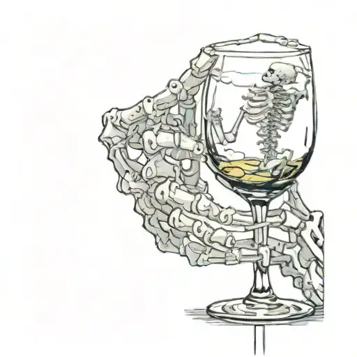 A skeleton hand holding a wine glas on a slight tilt. In the wine in the glass, a woman's face can be seen tattoo design idea