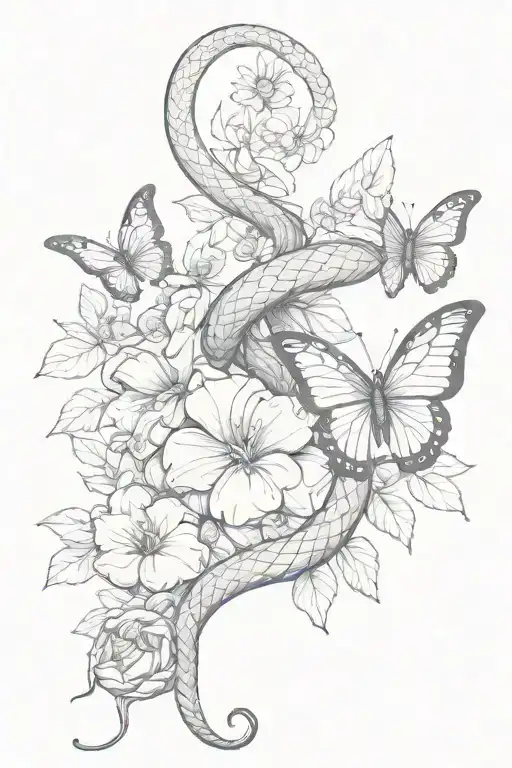 snake with flowers and butterfly emerging tattoo design idea