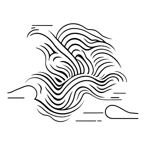 A minimalist tattoo of a wave with a surfboard and a camera hanging from it tattoo design idea