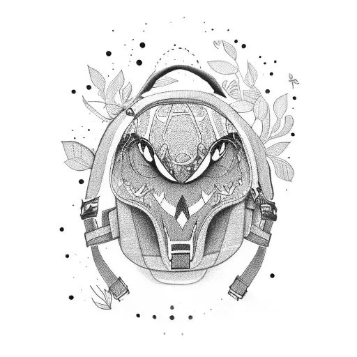 A dotwork design of a hiking backpack filled with art supplies tattoo design idea