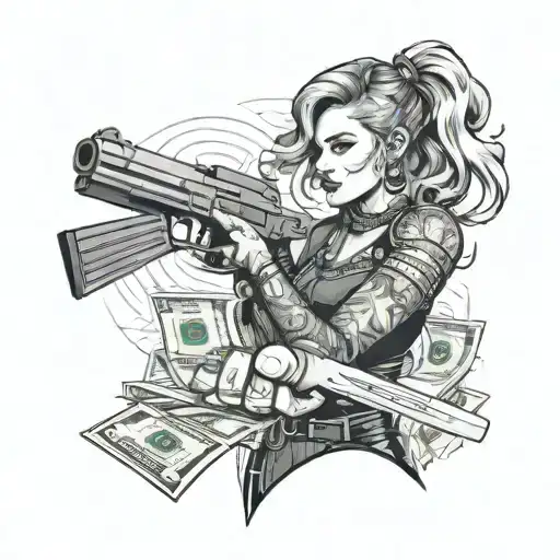 A modern-day female warrior with a tattoo of a gun and a stack of money on her arm, symbolizing her dual roles as protector and provider tattoo design idea