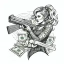 A modern-day female warrior with a tattoo of a gun and a stack of money on her arm, symbolizing her dual roles as protector and provider tattoo design idea