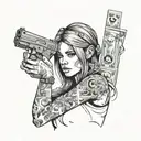 A modern-day female warrior with a tattoo of a gun and a stack of money on her arm, symbolizing her dual roles as protector and provider tattoo design idea