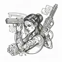 A modern-day female warrior with a tattoo of a gun and a stack of money on her arm, symbolizing her dual roles as protector and provider tattoo design idea
