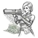 A modern-day female warrior with a tattoo of a gun and a stack of money on her arm, symbolizing her dual roles as protector and provider tattoo design idea