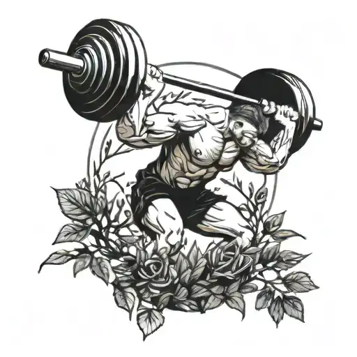A weightlifter lifting a barbell made of branches and leaves, surrounded by nature elements tattoo design idea