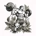 A weightlifter lifting a barbell made of branches and leaves, surrounded by nature elements tattoo design idea