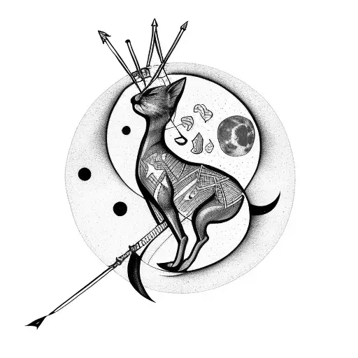 arrow, moon, black cat, Sagittarius tattoo design idea