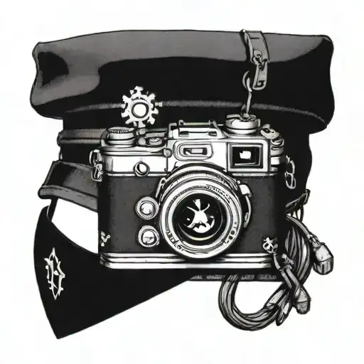camera and army helmet adorned with symbols tattoo design idea