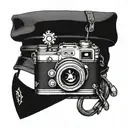 camera and army helmet adorned with symbols tattoo design idea