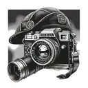 camera and army helmet adorned with symbols tattoo design idea