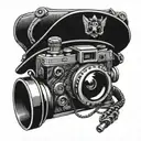 camera and army helmet adorned with symbols tattoo design idea