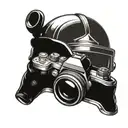 camera and army helmet tattoo design idea