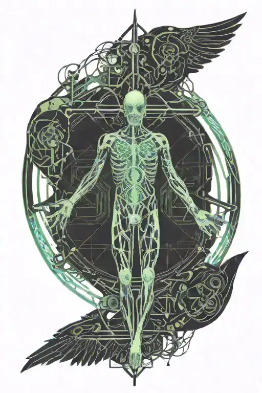 Half vitruvian man half bird tattoo design idea