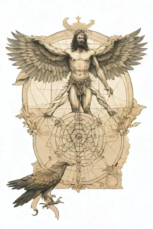 Half vitruvian man half bird tattoo design idea