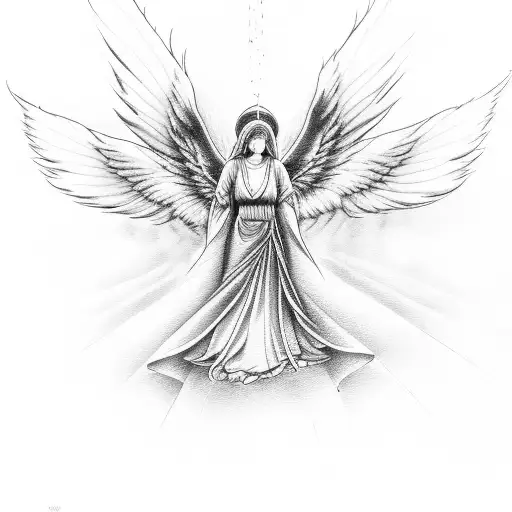 A serene angel with a halo and feathered wings in a dotwork style tattoo design idea