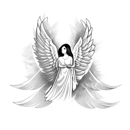 A peaceful angel holding a dove with its wings spread wide tattoo design idea