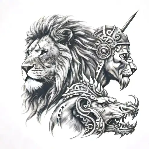lion and spartan realism strength tattoo design idea