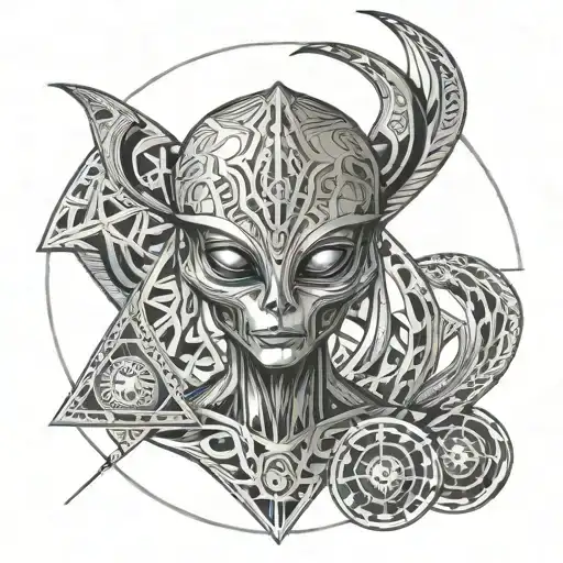 alien with 3th eye is doing meditation  tattoo design idea