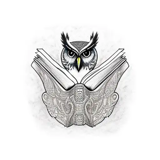 stack of books with owl flying out of them tattoo design idea