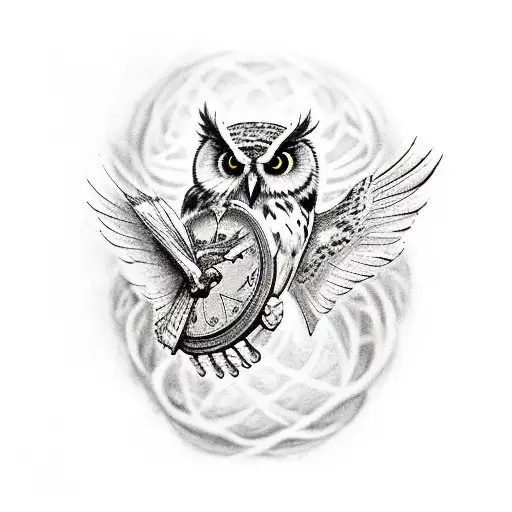 stack of books with owl and snitch flying out of them tattoo design idea