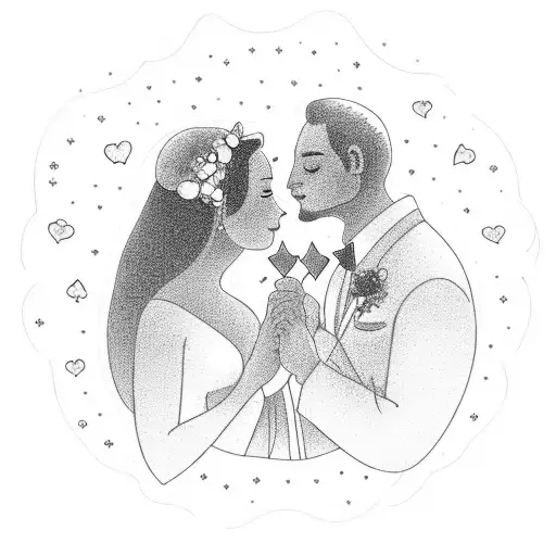 A romantic scene of a couple exchanging vows under a starry night sky, celebrating your wedding and the merging of your Taurus and Aquarius energies. tattoo design idea