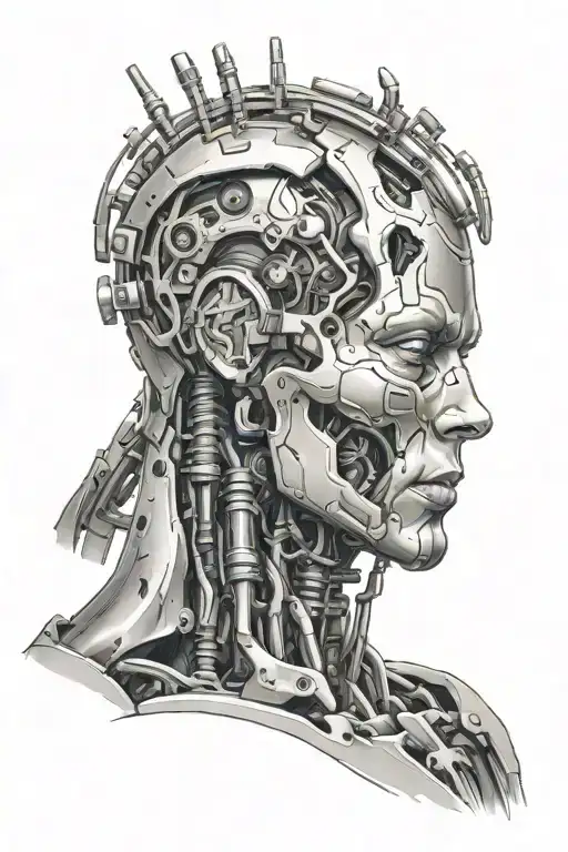 realistic cyborg with ripped skin opening tattoo design idea