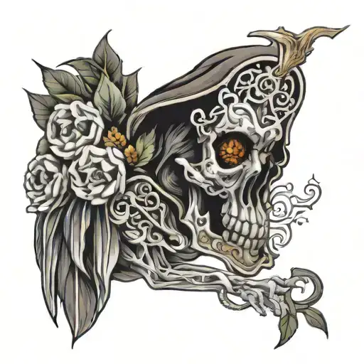 Me puedes generar un tatuaje de la santa  muerte, que en la mano derecha lleve un  incensario y que salga humo, en la ma tattoo design idea