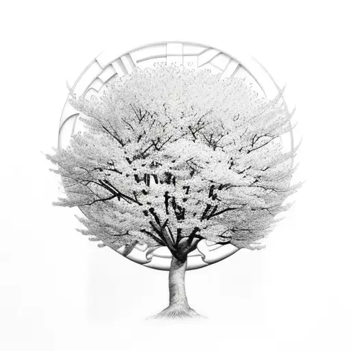 BTS logo incorporated into a cherry blossom tree tattoo design idea