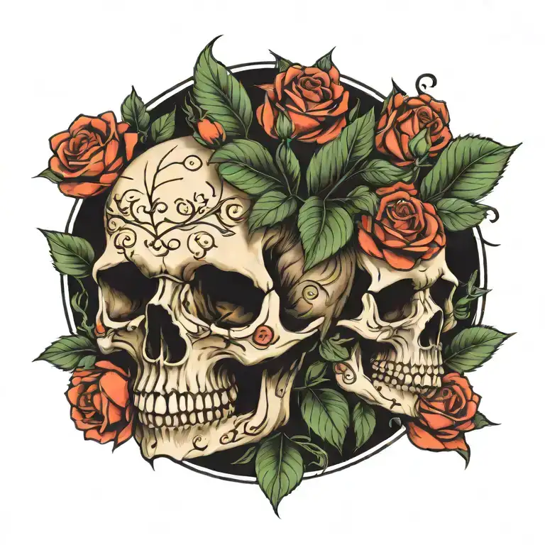 skull roses growing house plants horizontal  tattoo design idea