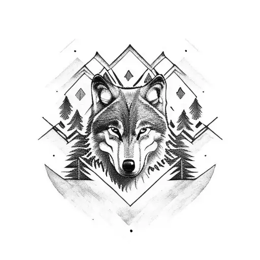 wolf skull surrounded by forest tattoo design idea
