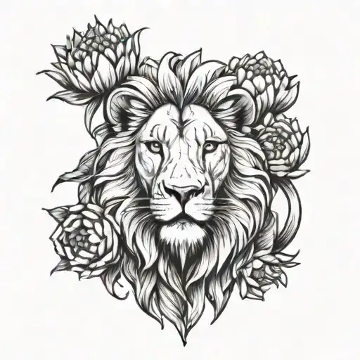 male lion portrait with protea flowers beneath it and the word "courage" above the lion and "dear heart" under the flowe tattoo design idea