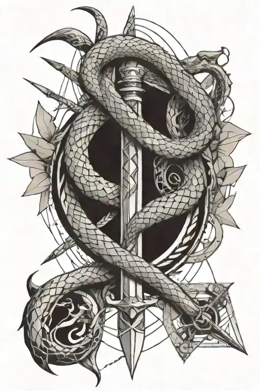 The snake and the broken sword and the writing combined into one sword tattoo design idea