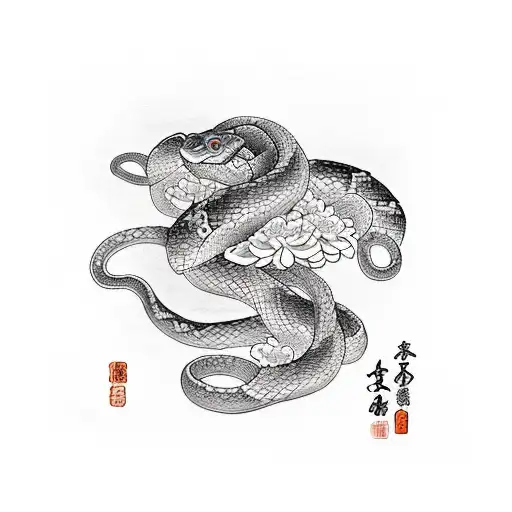 Snake with white flowers sleeve tattoo design idea