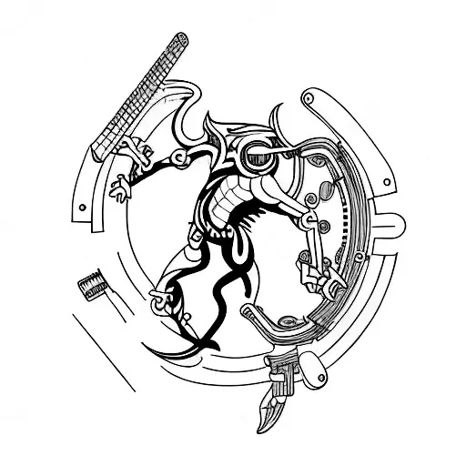 A minimalist tattoo of a mythological creature playing a guitar with mechanical parts as its body. tattoo design idea
