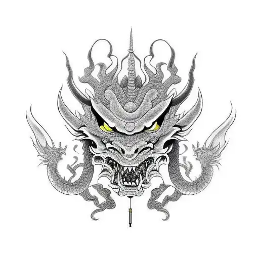 Dragon and oni mask tattoo design idea